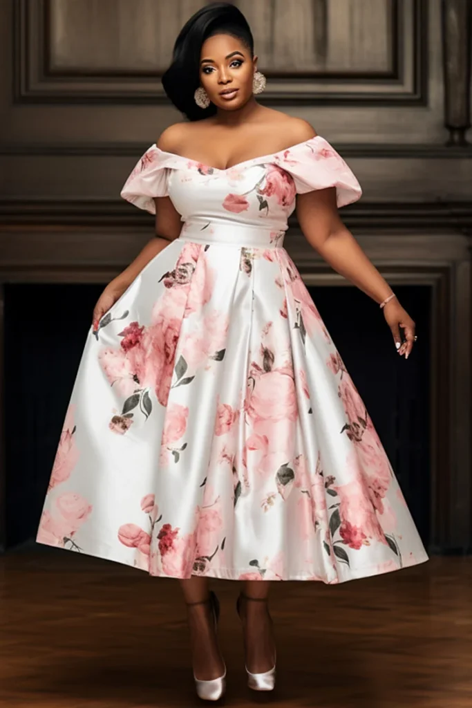 Plus Size Wedding Guest Pink Floral Off The Shoulder Short Sleeve Pocket Satin Midi Dress