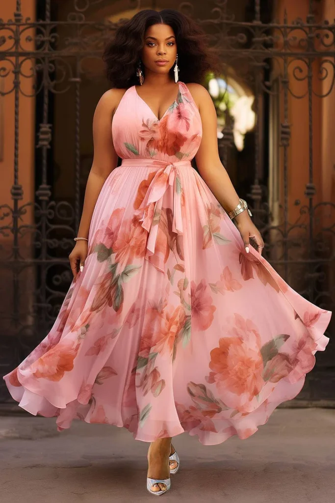 Plus Size Wedding Guest Pink Floral V Neck Wrap Chiffon Maxi Dress