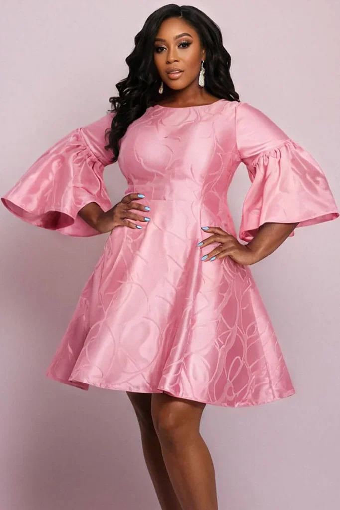 Plus Size Wedding Guest Pink Graphic Round Neck Flare 3:4 Sleeve Pocket Satin Midi Dress