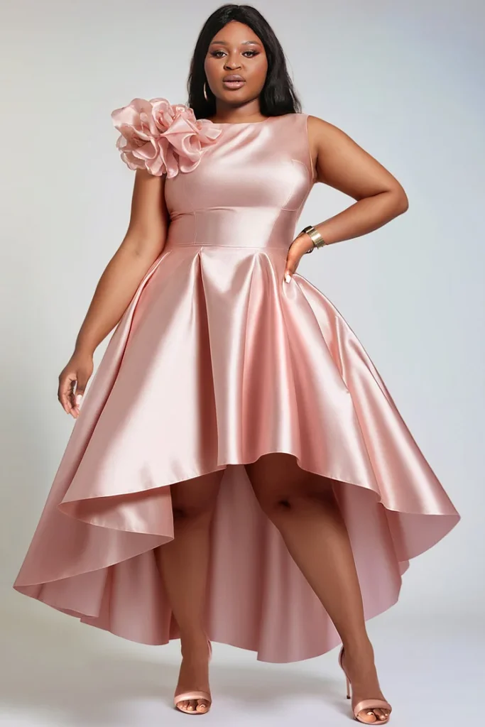 Plus Size Wedding Guest Pink Round Neck 3D High Low Hem Satin Midi Dress