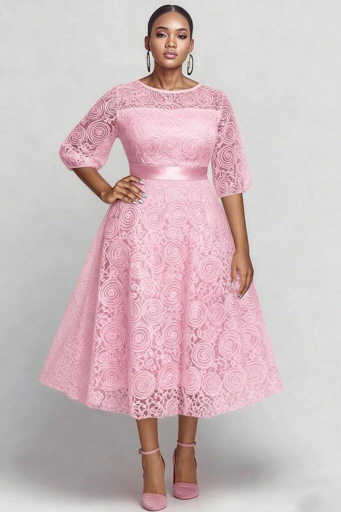 Plus Size Wedding Guest Pink Round Neck Puff Sleeve Half Sleeve 3D Elegant See Through Midi Dress