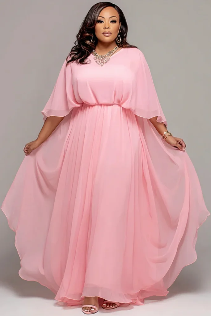 Plus Size Wedding Guest Pink Round Neck Short Sleeve Chiffon Maxi Dress