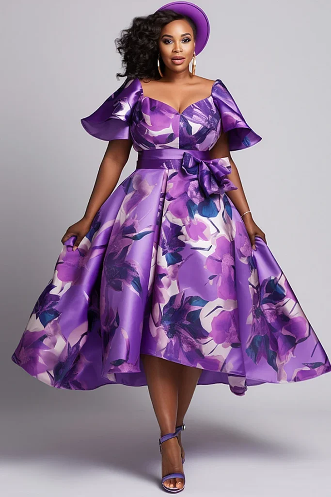 Plus Size Wedding Guest Purple Floral Square Neck Short Sleeve Pocket Bow Tie Satin Midi Dress