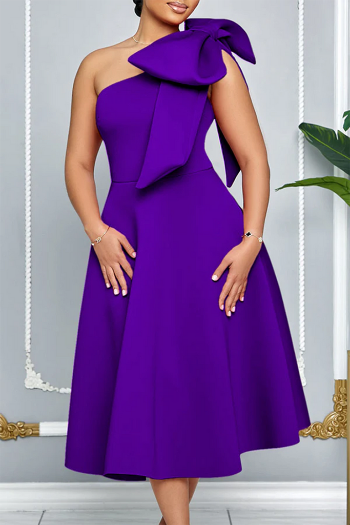 Plus Size Wedding Guest Purple Oblique Collar Bow Tie Pocket Midi Dress