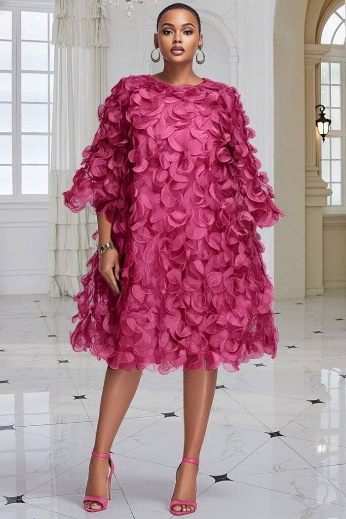 Plus Size Wedding Guest Purple Round Neck Flare 3:4 Sleeve 3D Elegant Midi Dress