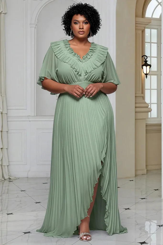 Plus Size Wedding Guest Sage Green V Neck Short Sleeve Pleated Ruffle Chiffon Maxi Dress
