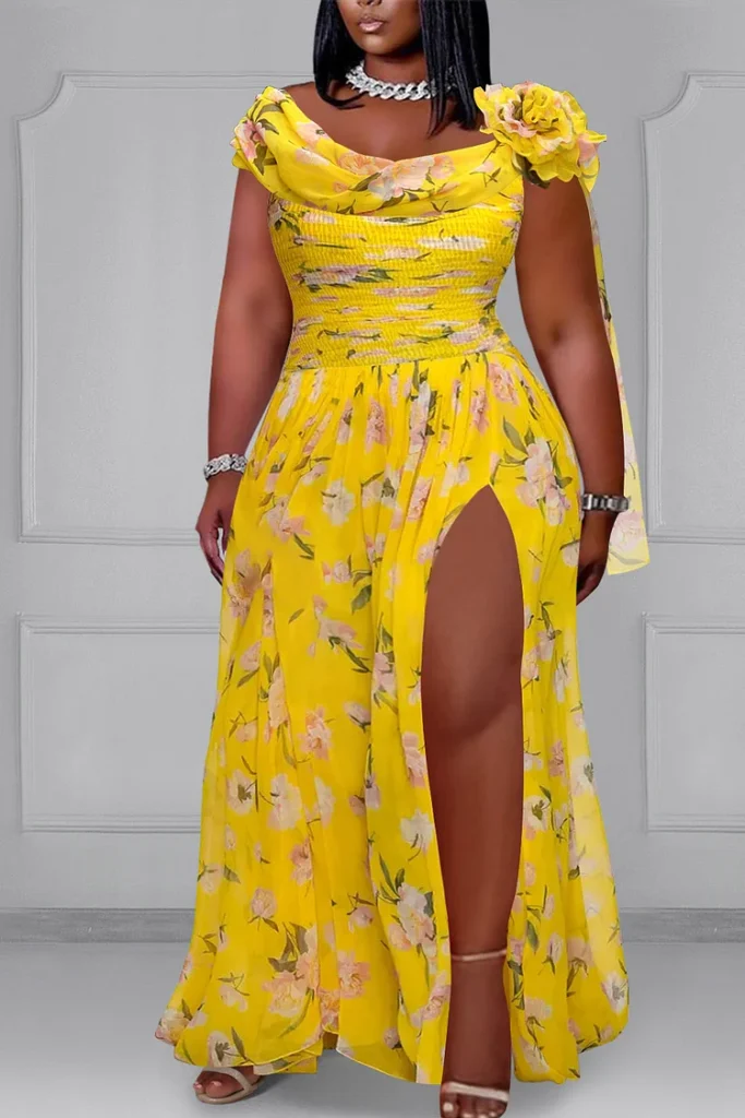 Plus Size Wedding Guest Yellow Ditsy Floral Smocked Boat Neck Split 3D Chiffon Maxi Dress