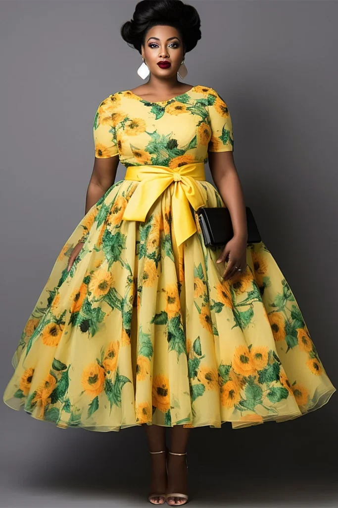 Plus Size Wedding Guest Yellow Floral Round Neck Short Sleeve Bow Tie Pocket Tulle Midi Dress