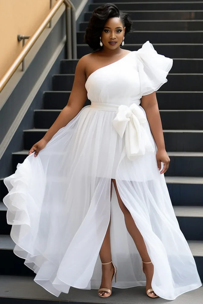 Plus Size Wedding White One Shoulder Split Chiffon Maxi Dress