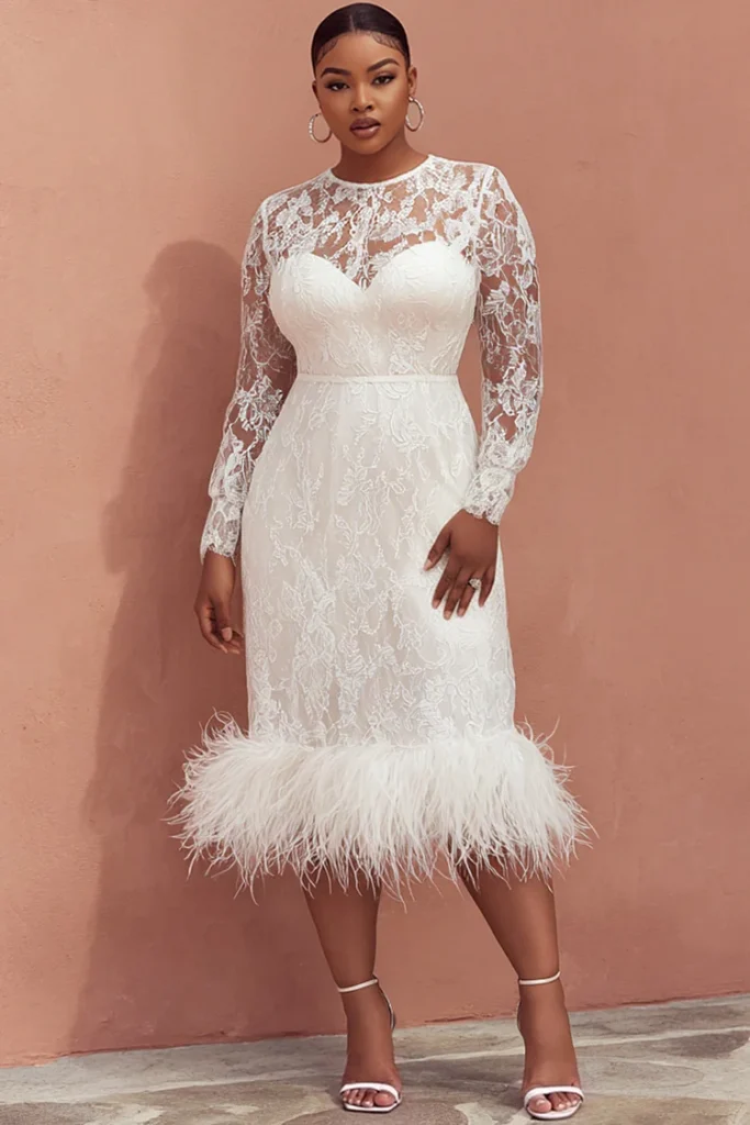 Plus Size Wedding White Round Neck Long Sleeve Feather See Through Lace Midi Dress