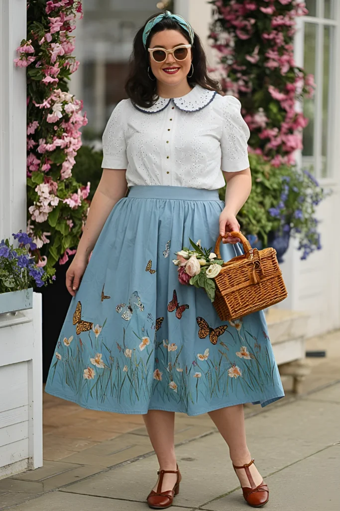 Plus Size White Eyelet Blouse With Midi Skirt Featuring Butterflies And Meadow Flowers Early Spring Outfit