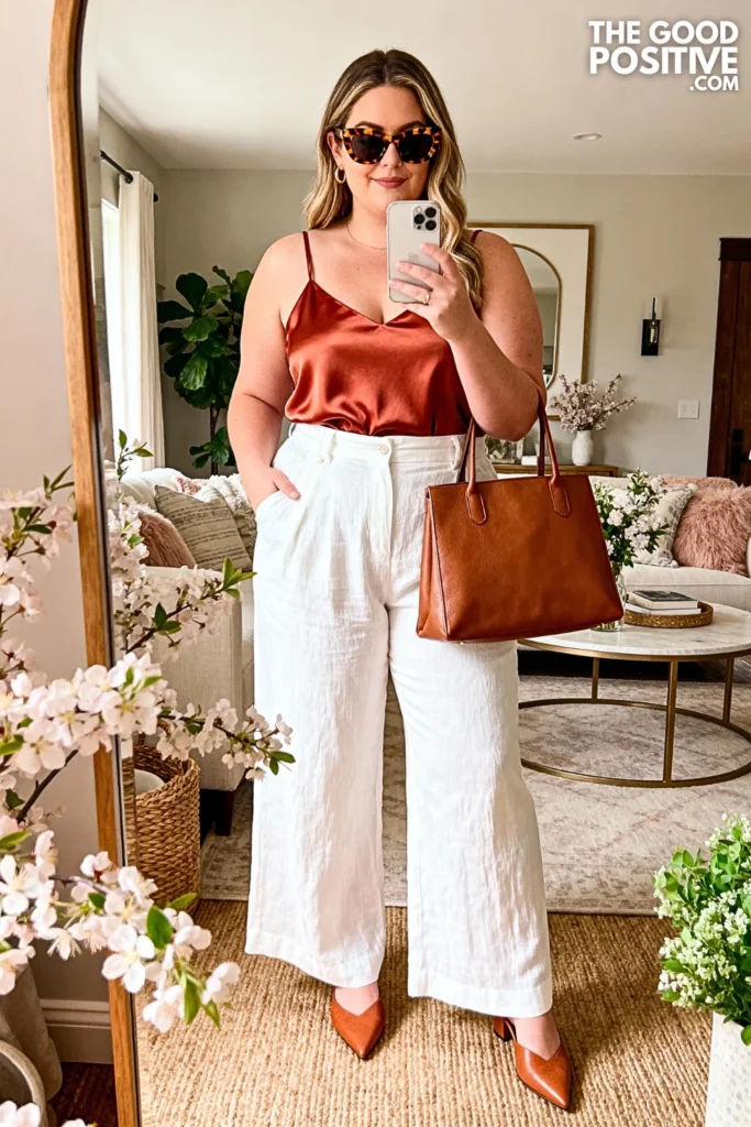 Plus Size Wide Leg Linen Pants and Camisole Outfit