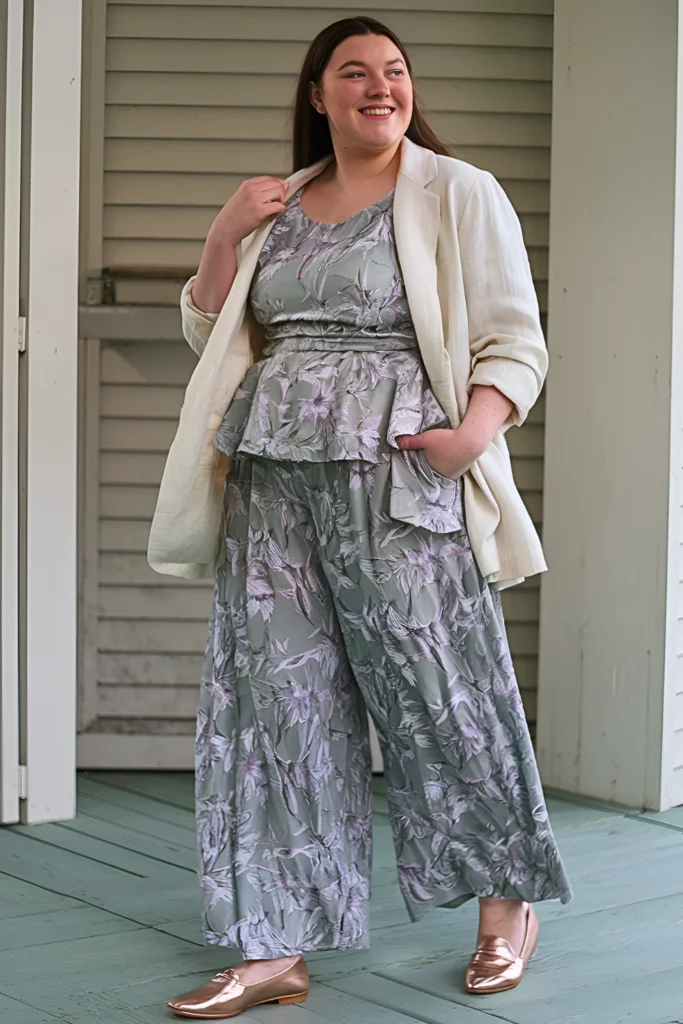 Plus Size Wildflower Pattern Palazzo Pants and Peplum Top Set Early Spring Outfit