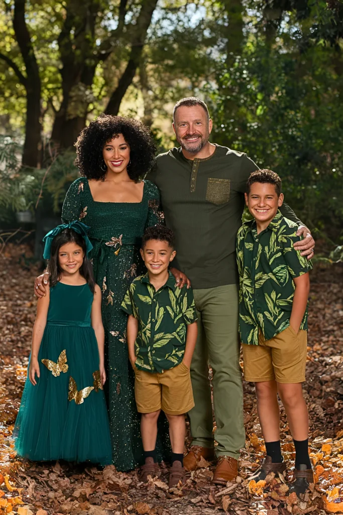 Spring Family Pictures Forest Green & Gold Woodland Outfits