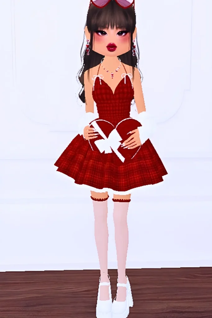 Valentine's Day Dress To Impress Retro Red Plaid & White Bows Outfit