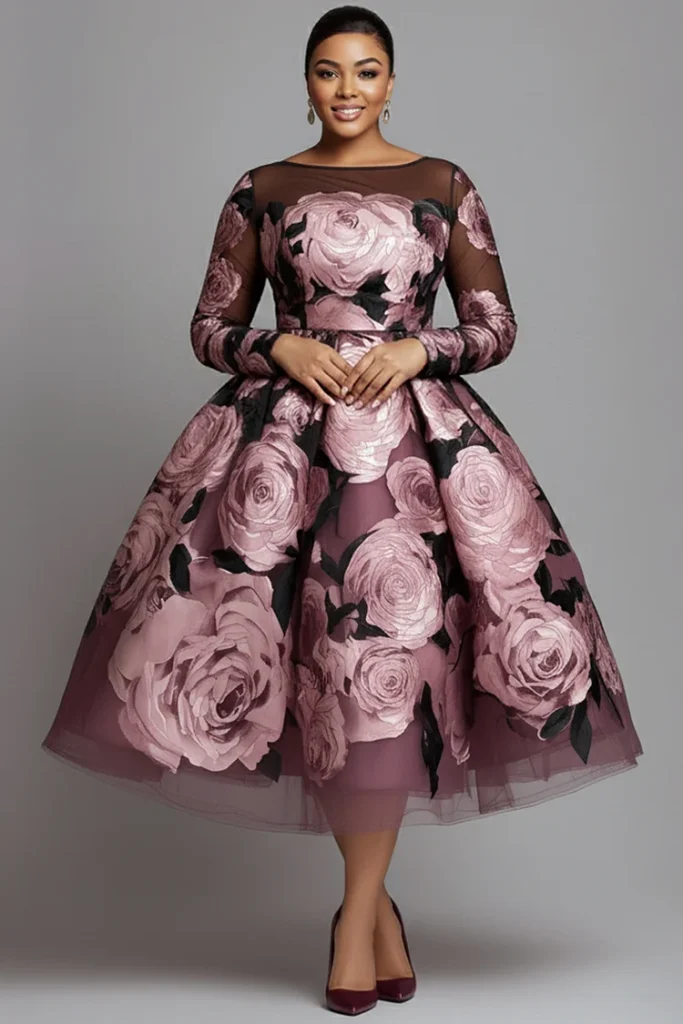 Wedding Guest Pink Floral Boat Neck Long Sleeve See Through Elegant Midi Dress