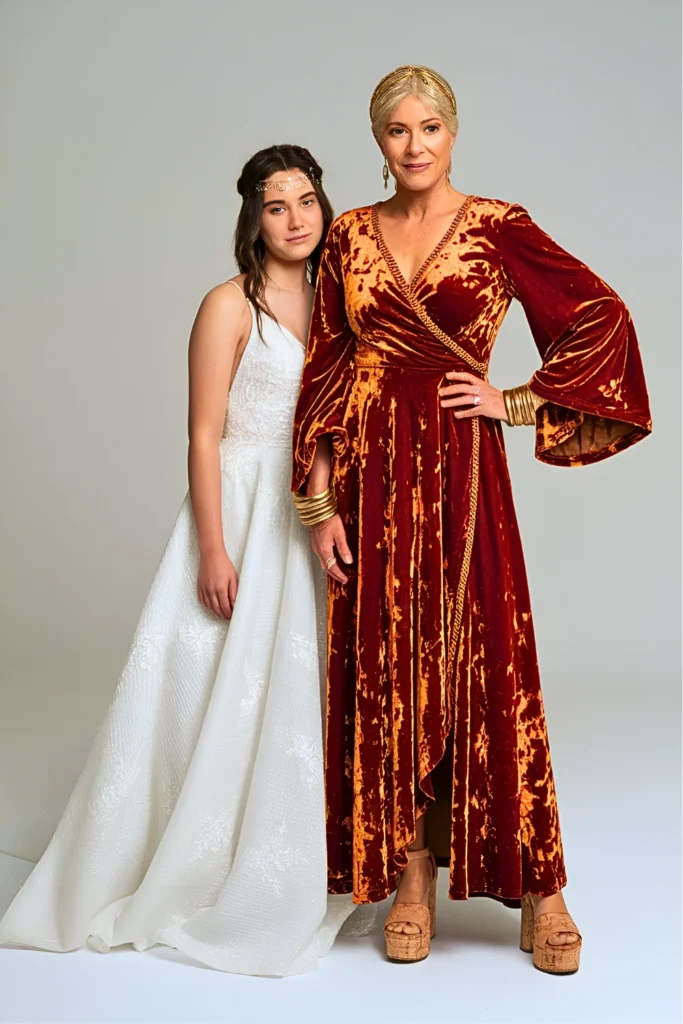 '70s-Inspired Rust Orange Crushed Velvet Wrap Maxi Dress with Bell Sleeves