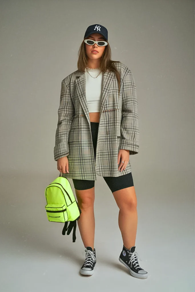 90s NYC It Girl Oversized Plaid Blazer and Bike Shorts Spring Casual