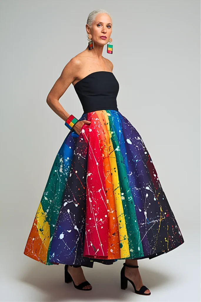 Artsy Pollock Paint Splatter Print Strapless Ballgown with Pockets