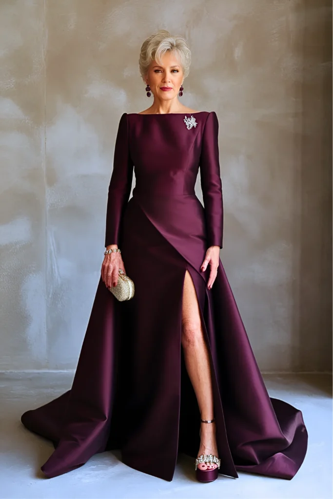 Aubergine Silk Mikado Mother of the Bride Dress