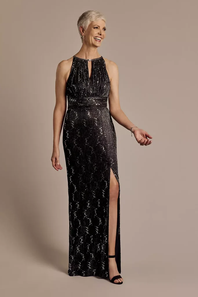 Black Silver Metallic Sequin Keyhole Neckline Sheath Dress