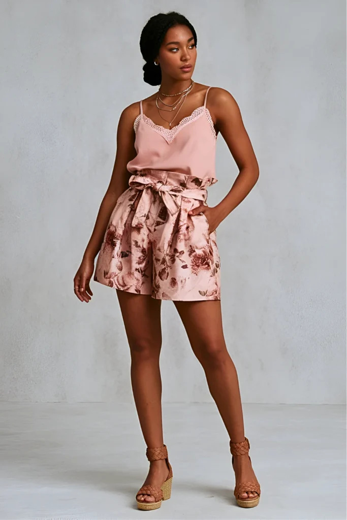 Blush Pink Lace Trim Cami with Rose Floral High-Waisted Paperbag Shorts Easter Outfit