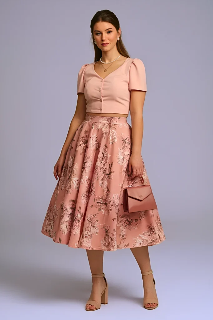 Blush Pink Tie-Front Crop Top with Rose Floral Midi Skirt Easter Outfit