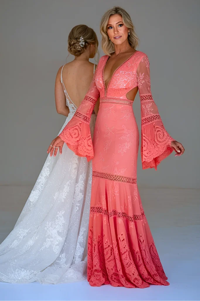 Bohemian Coral Crochet Lace Maxi Mother of the Bride Dress with Bell Sleeves