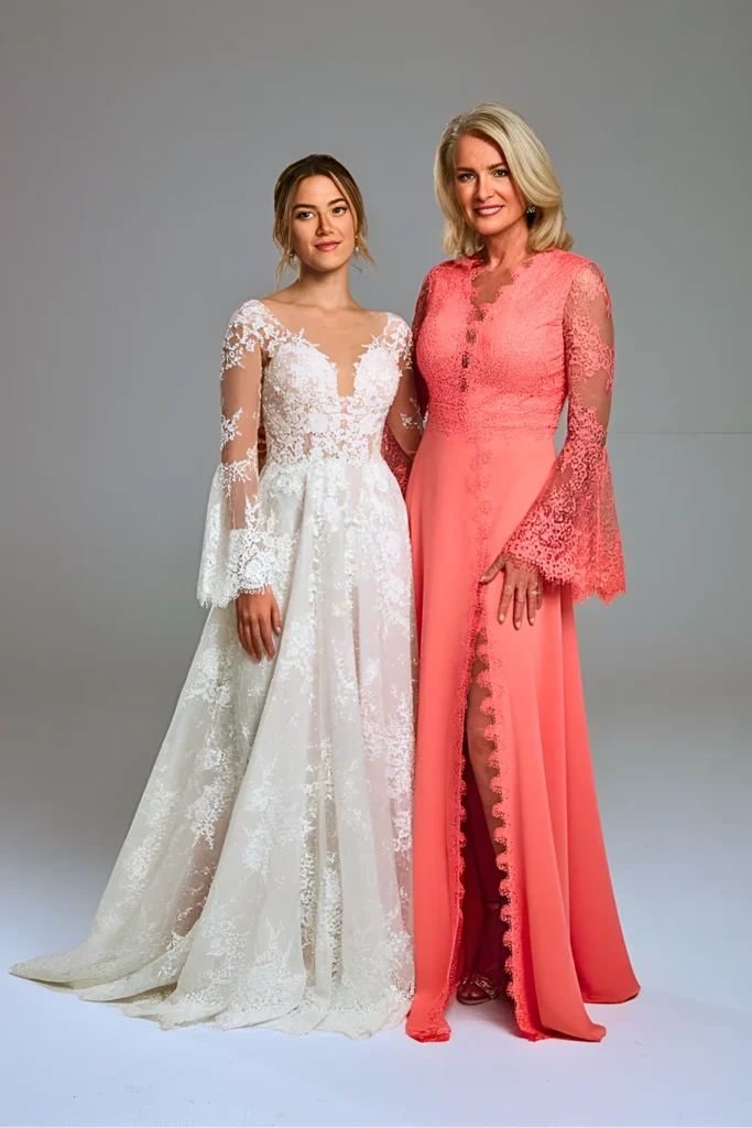 Bohemian Coral Lace Wedding Caftan Maxi Dress with Bell Sleeves