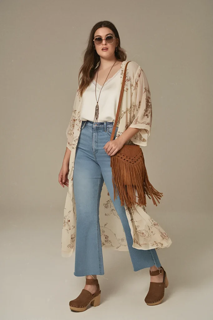 Boho Village Chick Embroidered Kimono and Flare Jeans Spring Outfit