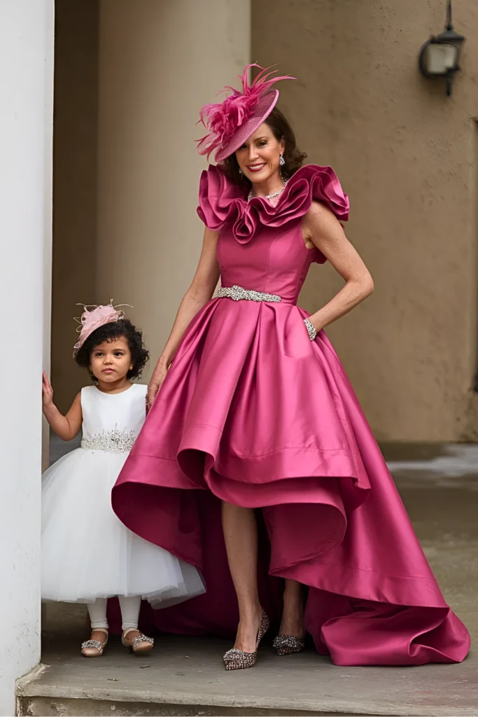 Bold Fuchsia Mikado High-Low Ballgown with Ruffle Collar Mother of the Bride Dress