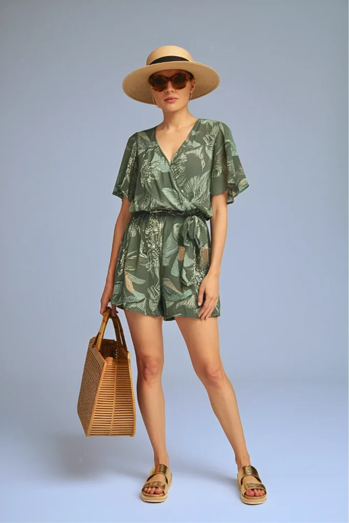 Botanical Print Romper and Panama Hat Spring Outfit