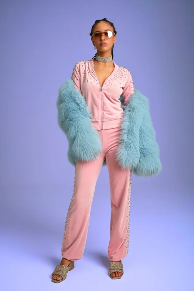 Bubblegum Pink Velour Tracksuit and Fur-Trimmed Cardigan Spring Ensemble