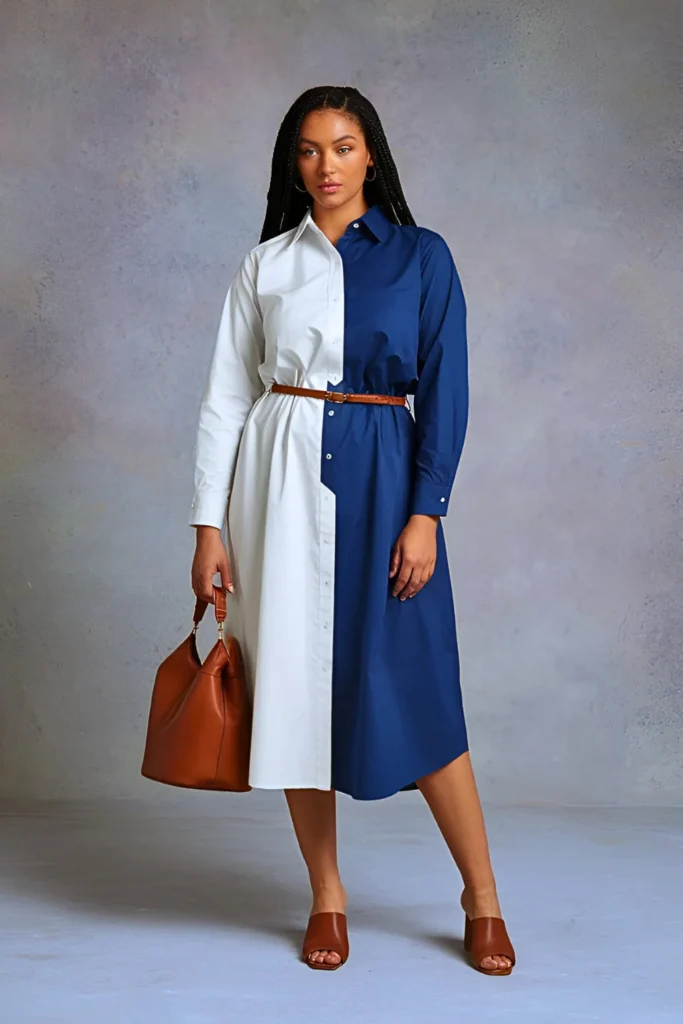 Casual Color-Block Button-Front Shirt Spring Dress