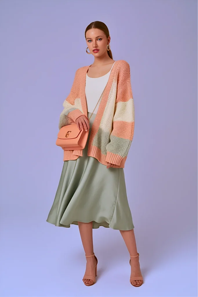 Casual Color Block Cardigan and Midi Skirt Easter Outfit