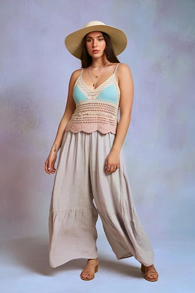 Casual Crochet Tank and Linen Pants Spring Outfit