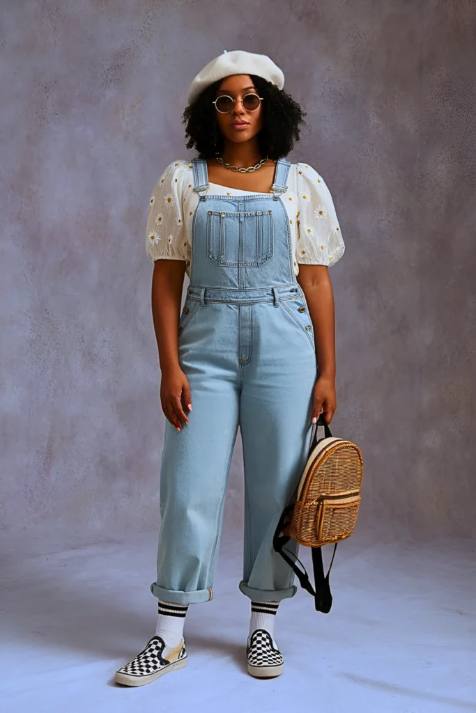 Casual Denim Overalls and Puff Sleeve Blouse Spring Outfit