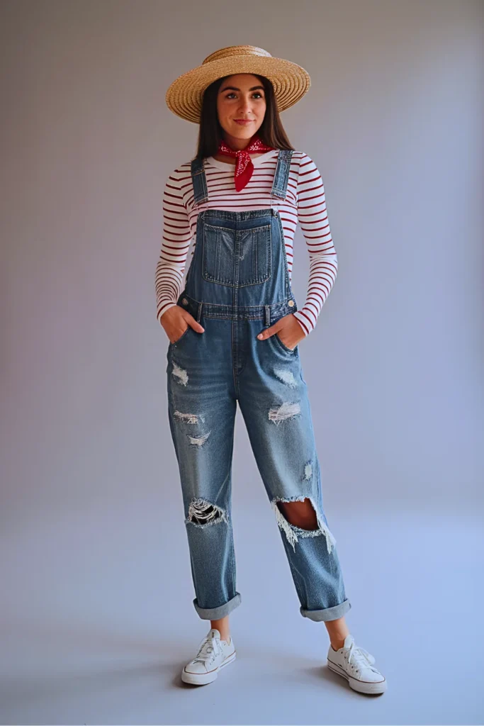 Casual Denim Overalls and Striped Tee Easter Outfit