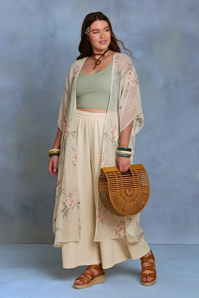 Casual Embroidered Kimono and Palazzo Pants Spring Outfit