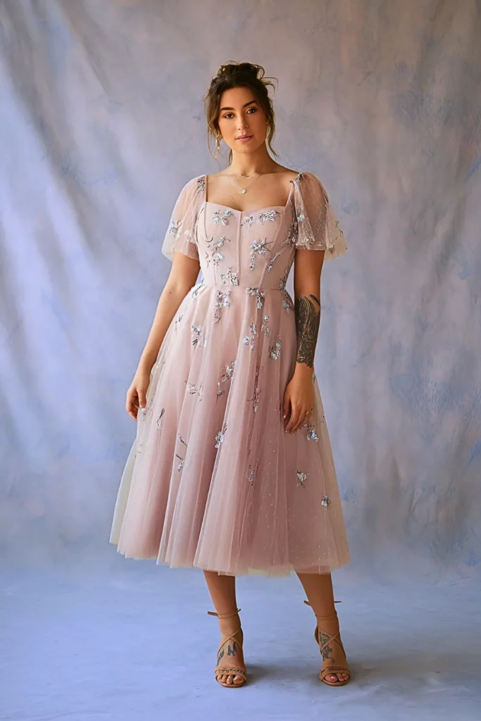 Casual Floral Embroidered Tulle Midi Spring Dress