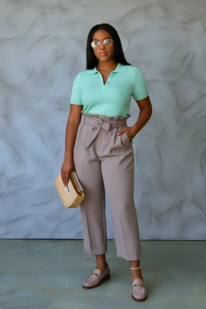 Casual Knit Polo Top and Paperbag Waist Trousers Spring Outfit