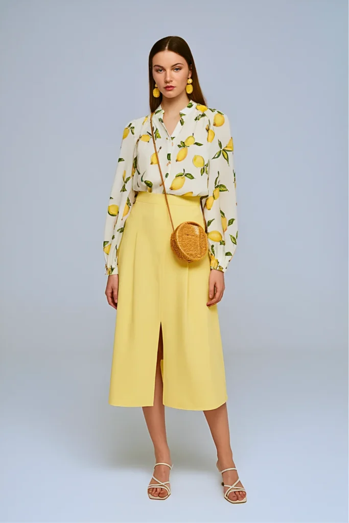 Casual Lemon Print Blouse and Yellow Midi Skirt Easter Outfit