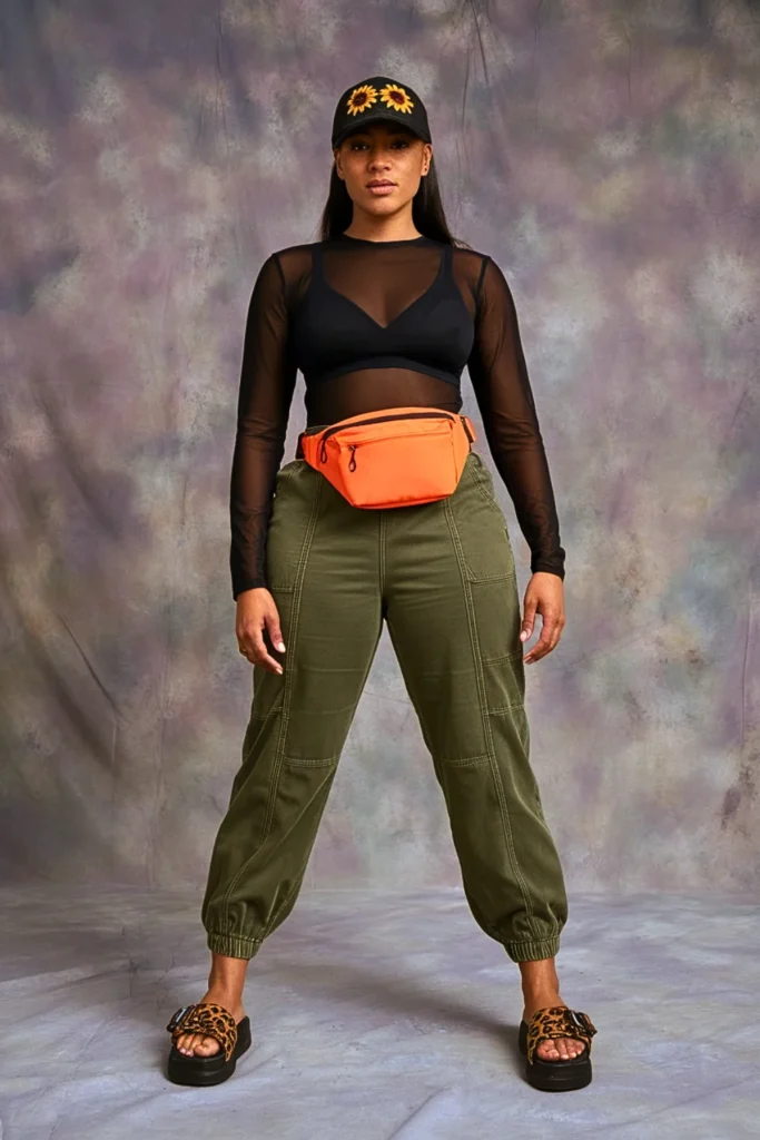 Casual Mesh Layered Top and Jogger Pants Spring Outfit