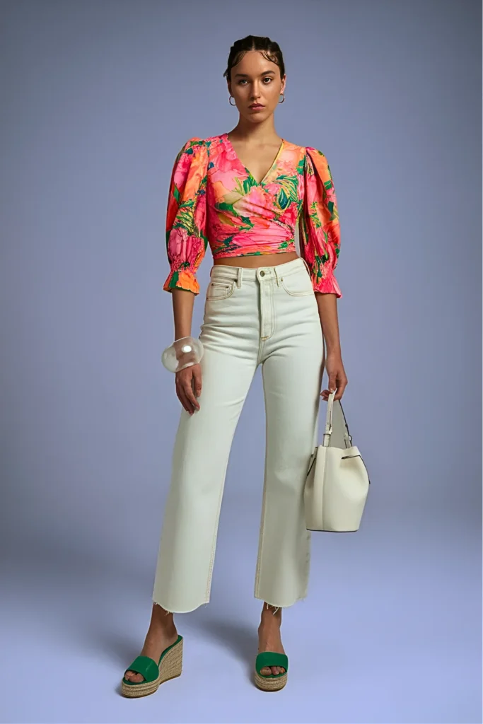 Casual Neon Floral Wrap Top and White Jeans Easter Outfit