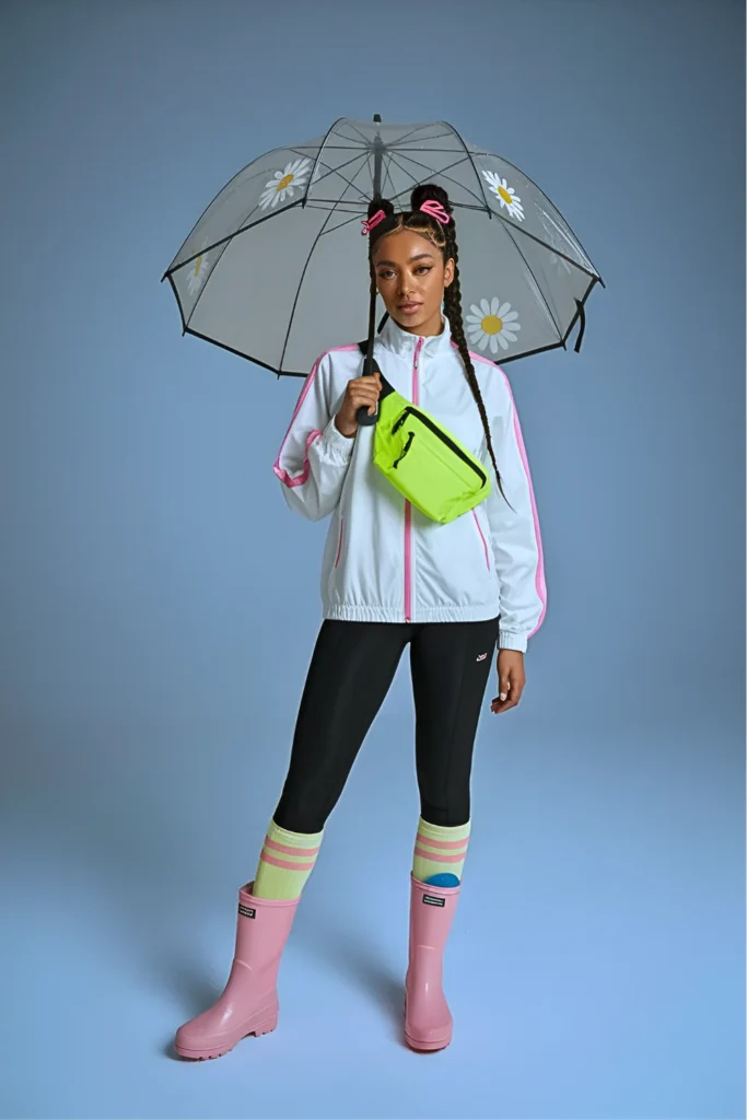 Casual Neon Trim Track Jacket Leggings Rainy Easter Outfit