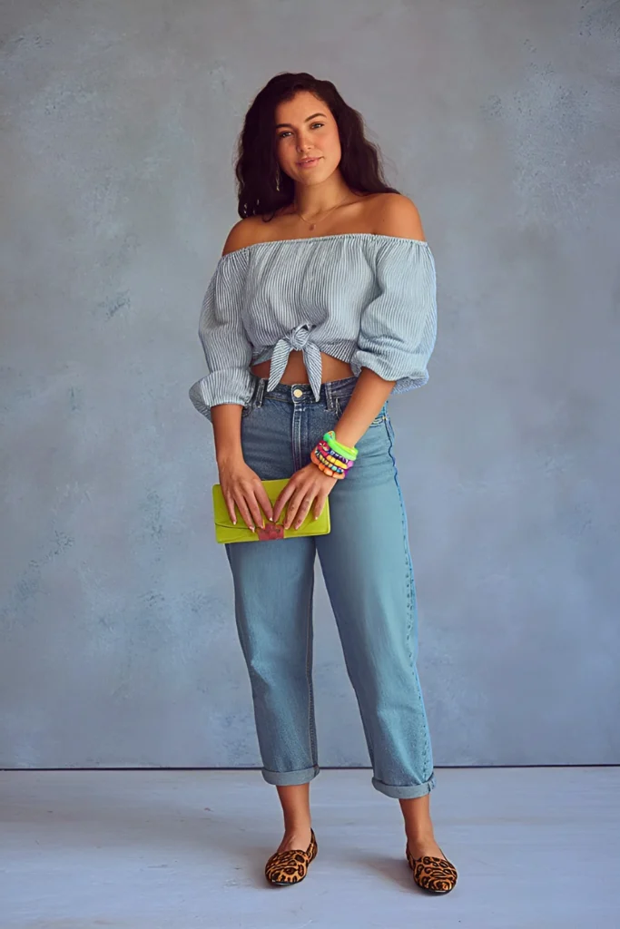 Casual Off-Shoulder Blouse and Mom Jeans Spring Outfit