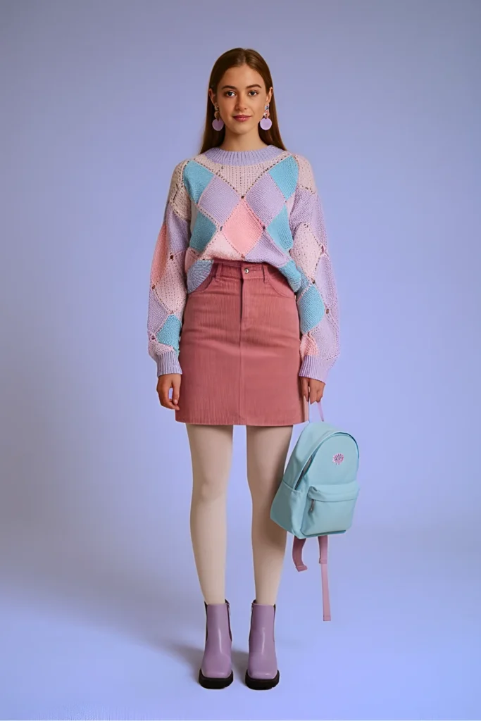 Casual Pastel Patchwork Sweater and Corduroy Skirt Easter Outfit