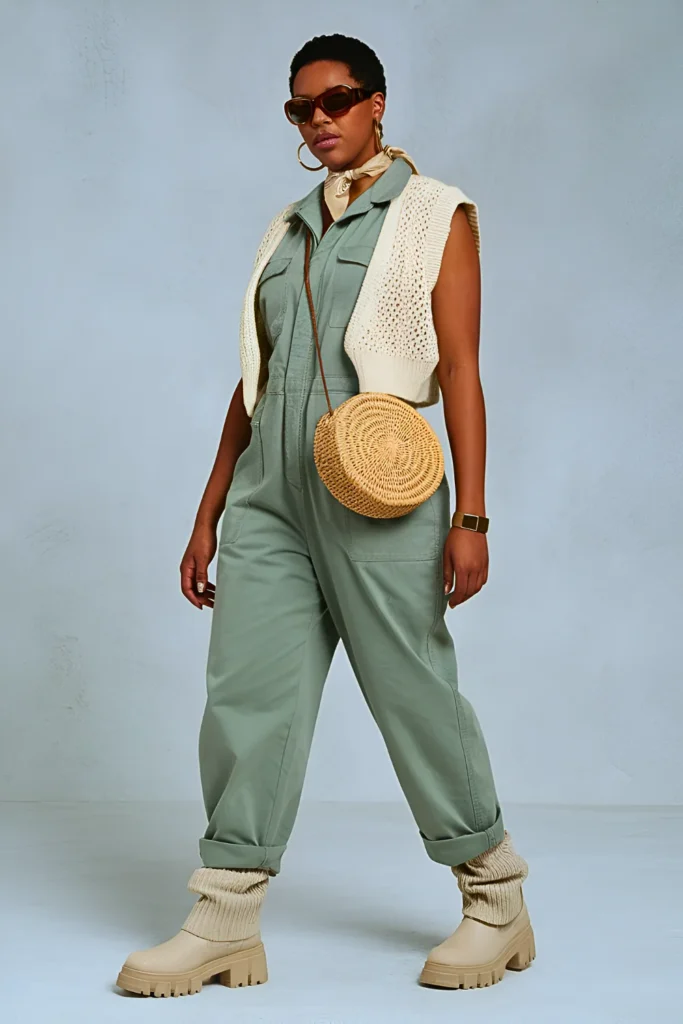 Casual Sage Green Utility Jumpsuit and Slouchy Boots Spring Outfit