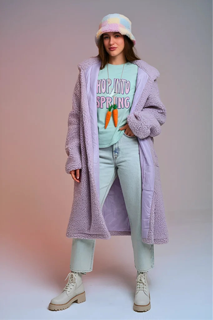 Casual Sherpa-Lined Coat Graphic Tee Jeans Cold Easter Outfit