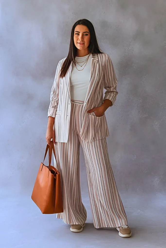 Casual Striped Blazer and Wide-Leg Pants Spring Outfit